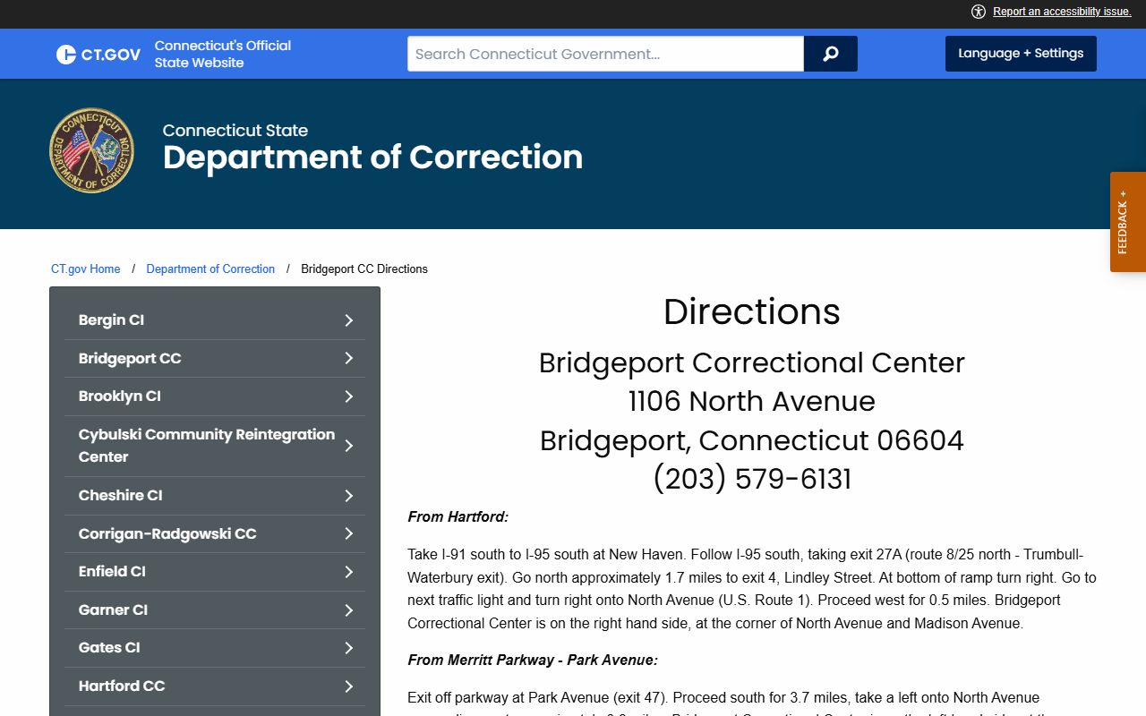 Bridgeport Correctional Center directions page and inmate visiting record