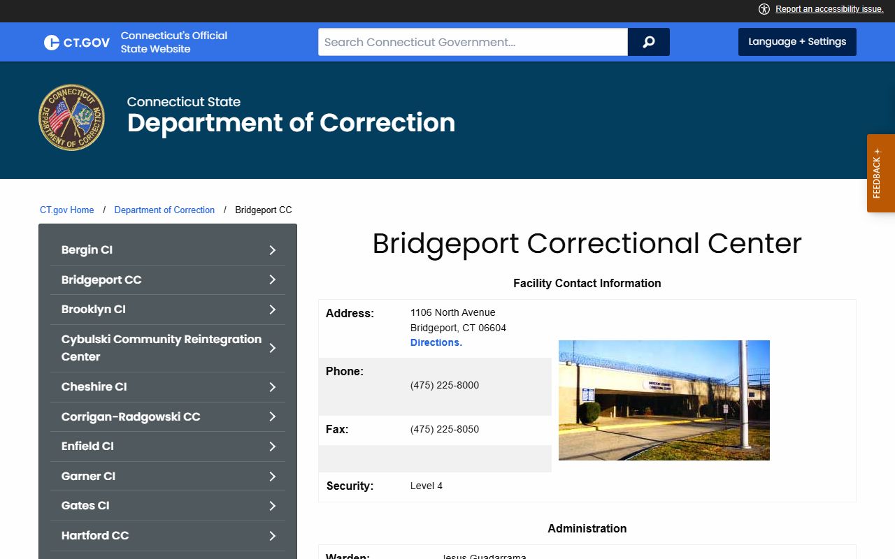 Bridgeport Correctional Center CT DOC facility page and inmate population record