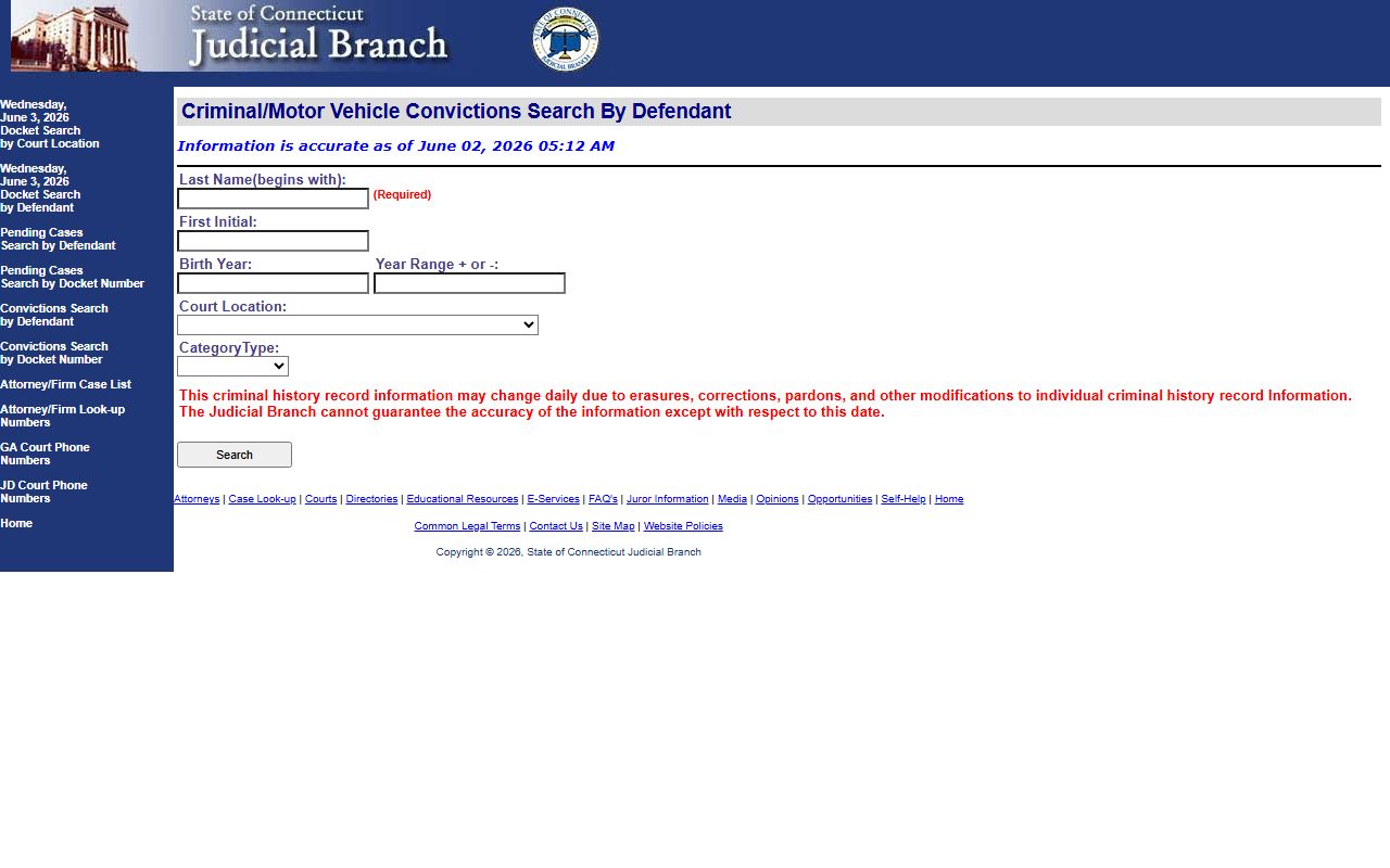 Connecticut criminal convictions search fields for Stamford County court records after an arrest
