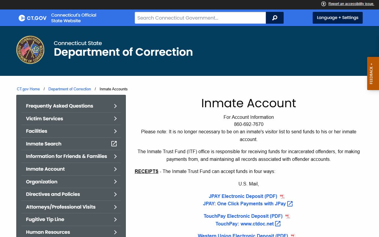 Bridgeport Correctional Center CT DOC inmate accounts and money deposit record
