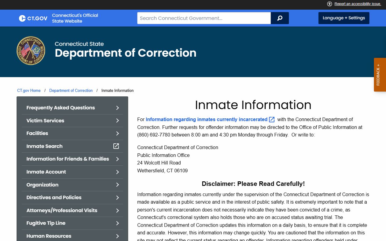 CT DOC inmate information page used for Stamford County inmate records and roster lookups