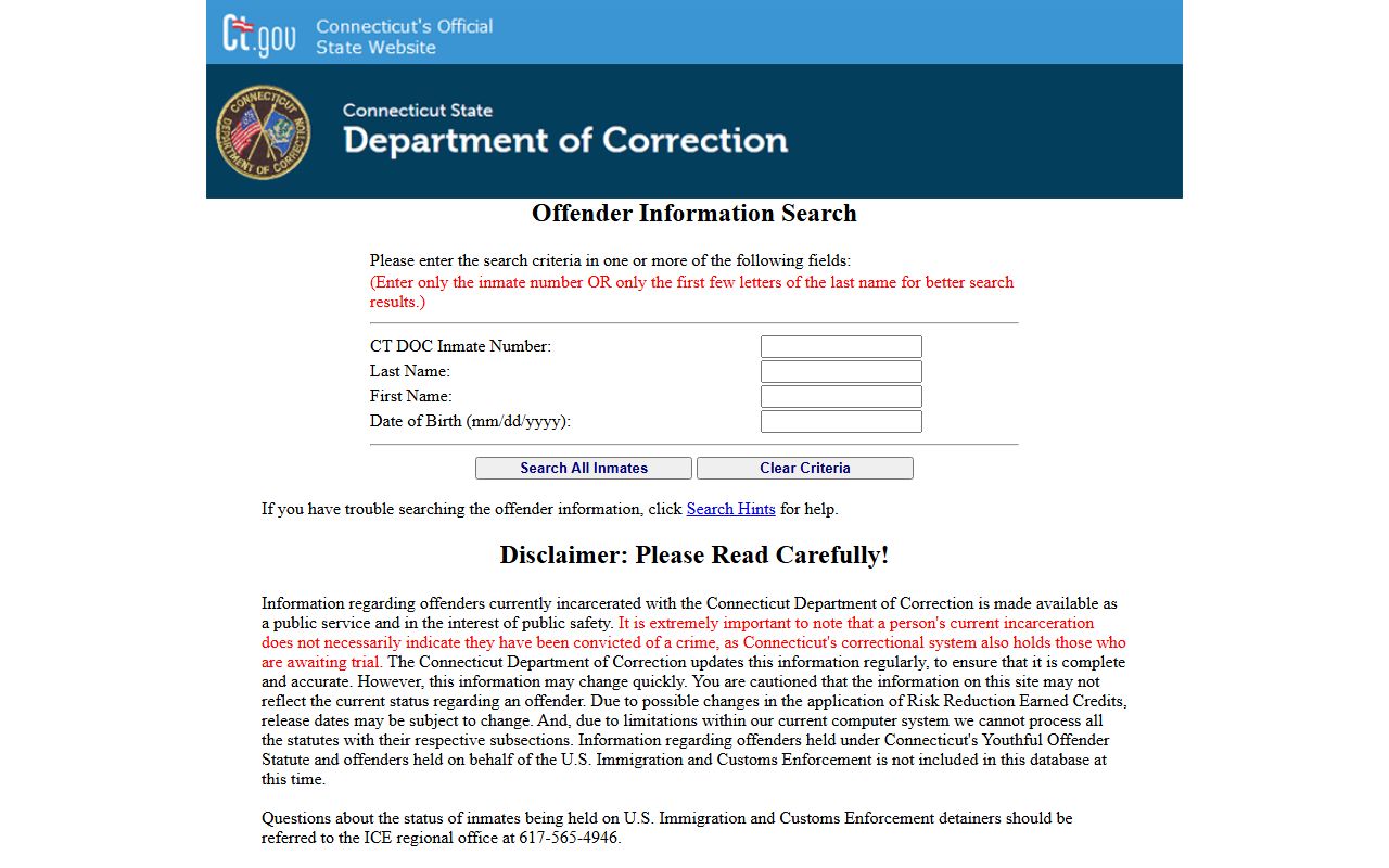 CT DOC inmate search portal used to look up Stamford custody records