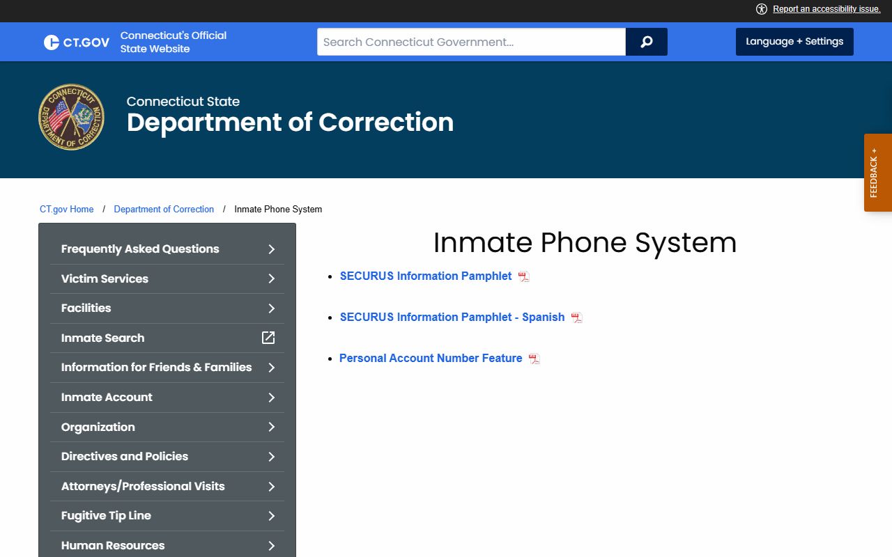 CT DOC inmate phone system page tied to Stamford County inmate records and contact options