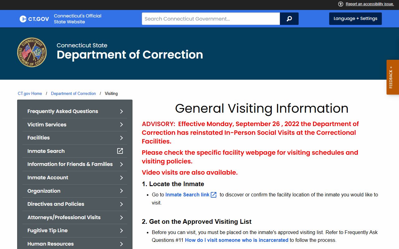Bridgeport Correctional Center CT DOC visiting rules and inmate visit record