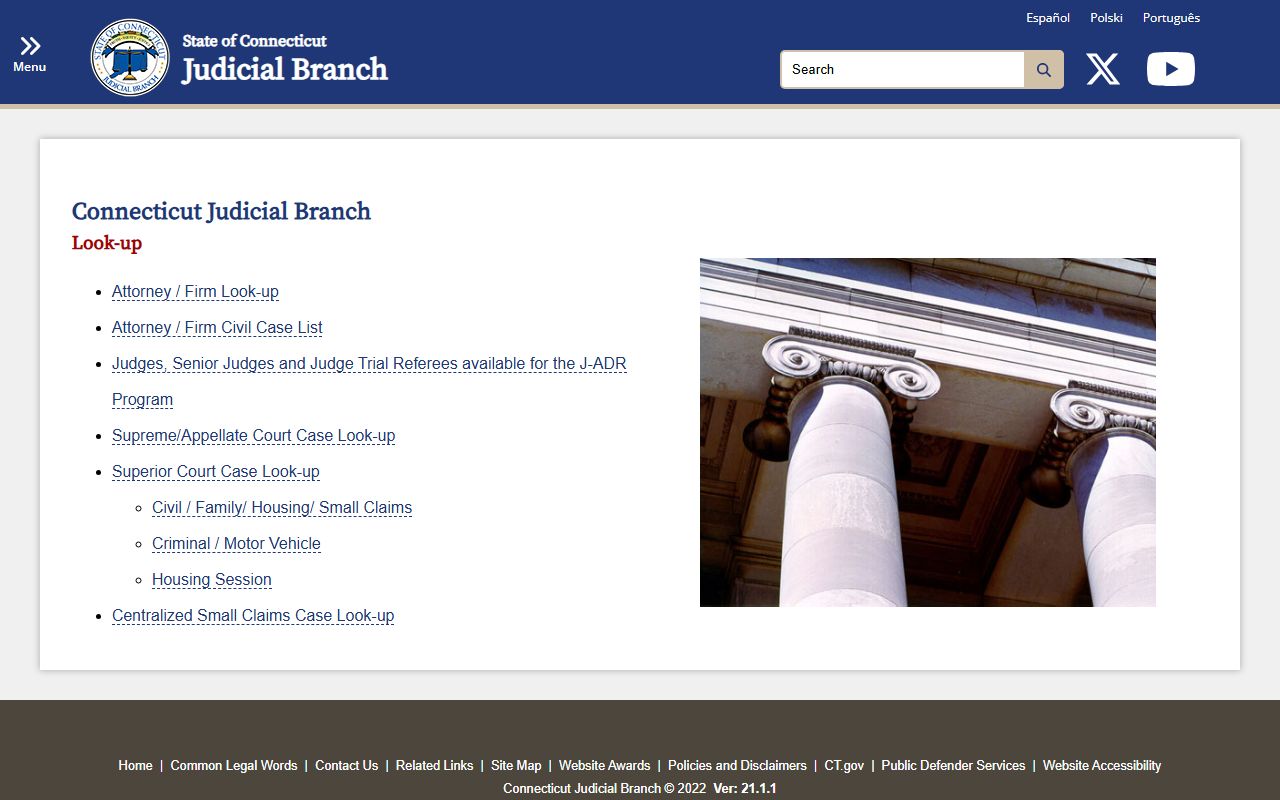 Connecticut Judicial Branch case lookup landing page for Stamford County court records after an arrest