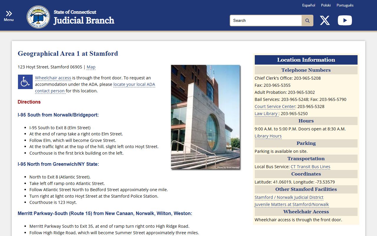 Stamford Superior Court GA 1 directions and court records page