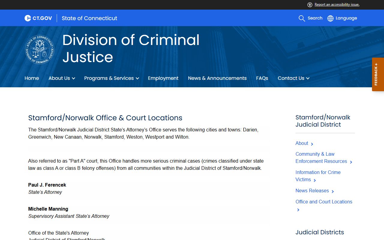 Stamford Norwalk State's Attorney office and court locations for Stamford County court records after an arrest